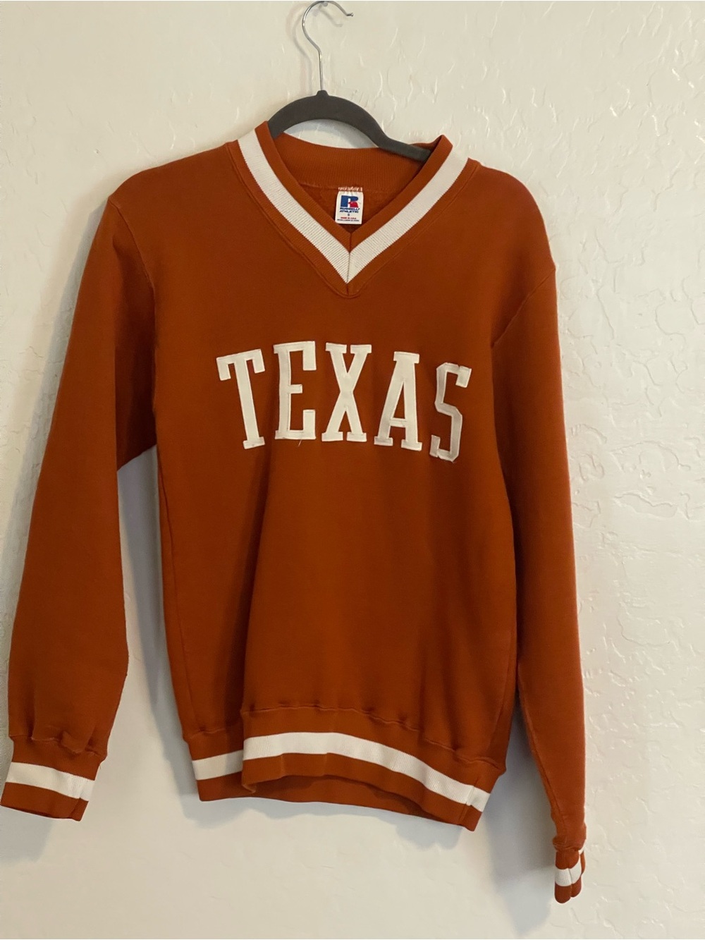 Russell Athletic Men’s Texas V-Neck Sweater in Burnt Orange with White Trim